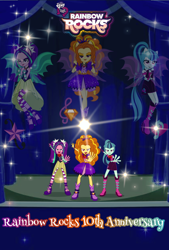 Size: 1042x1544 | Tagged: safe, artist:flutteryaylove, edit, edited edit, edited screencap, imported from derpibooru, screencap, vector edit, adagio dazzle, aria blaze, sonata dusk, human, equestria girls, logo, my little pony equestria girls: rainbow rocks, poster, rainbow rocks 10th anniversary, singing, smiling, text, the dazzlings, vector