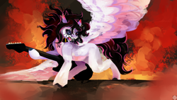 Size: 2560x1440 | Tagged: safe, artist:krapinkaius, imported from derpibooru, oc, oc only, oc:lunylin, pegasus, pony, collar, corpse paint, ear piercing, female, female oc, guitar, heterochromia, hoof hold, mare, mare oc, musical instrument, open mouth, pegasus oc, pentagram, piercing, rainbow rocks 10th anniversary, raised hoof, smoke, spread wings, stage, unshorn fetlocks, wings