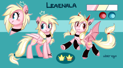 Size: 3600x2000 | Tagged: safe, artist:anotherdeadrat, imported from derpibooru, oc, oc only, oc:leaenala, bat pony, pegasus, pony, bat pony oc, bat wings, blonde hair, blonde tail, blue eyes, bracelet, choker, clothes, collar, crown, ear piercing, earring, eyelashes, fangs, feathered wings, female, fluffy hair, fluffy mane, fluffy tail, flying, folded wings, full body, hair ribbon, horn, jewelry, lmare, long hair, looking at you, multicolored hair, multicolored mane, multicolored tail, pegasus oc, pegasus wings, piercing, pigtails, pink coat, ponytail, red eyes, reference sheet, regalia, ribbon, side view, simple background, smiling, smiling at you, socks, solo, spread wings, standing, stockings, striped hair, striped mane, striped tail, tail, thigh highs, two toned hair, two toned mane, two toned tail, wall of tags, white hair, white tail, wings