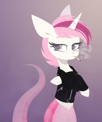 Size: 2508x3000 | Tagged: safe, artist:belka-sempai, imported from derpibooru, oc, oc only, oc:sweet irony, lamia, original species, snake, snake pony, unicorn, bored, cigarette, clothes, crossed arms, horn, jacket, smoking, snakepony, solo