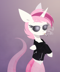 Size: 2508x3000 | Tagged: safe, artist:belka-sempai, imported from derpibooru, oc, oc only, oc:sweet irony, lamia, original species, snake, snake pony, unicorn, bored, cigarette, clothes, crossed arms, horn, jacket, smoking, snakepony, solo, sunglasses