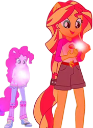 Size: 1837x2520 | Tagged: safe, edit, edited screencap, editor:homersimpson1983, imported from derpibooru, screencap, pinkie pie, sunset shimmer, human, equestria girls, background removed, camp everfree outfits, duo, duo female, female, glowing, not a vector