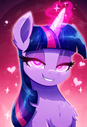 Size: 832x1216 | Tagged: safe, imported from derpibooru, twilight sparkle, pony, ai content, ai generated, anonymous prompter, bust, chest fluff, ear fluff, female, heart, heart eyes, lidded eyes, lip bite, looking at you, magic, mare, smiling, solo, wingding eyes