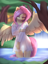 Size: 2304x3072 | Tagged: safe, artist:taiweiart, imported from derpibooru, fluttershy, anthro, pegasus, clothes, dress, female, frilly dress, partially submerged, see-through, see-through dress, solo, spread wings, standing in water, submerged, tree, water, waterfall, wings