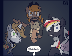 Size: 1485x1154 | Tagged: safe, artist:php104, imported from derpibooru, oc, oc only, oc:calamity, oc:littlepip, oc:velvet remedy, pegasus, pony, unicorn, fallout equestria, bandage, battle saddle, clothes, dress, female, flying, gun, handgun, horn, jumpsuit, little macintosh, revolver, simple background, speech bubble, trio, vault suit, weapon