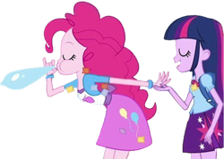 Size: 3538x2520 | Tagged: safe, edit, edited screencap, editor:homersimpson1983, imported from derpibooru, screencap, pinkie pie, twilight sparkle, human, equestria girls, background removed, balloon, duo, duo female, female, not a vector