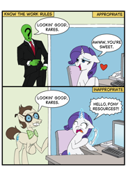 Size: 1280x1768 | Tagged: artist needed, safe, imported from derpibooru, gizmo, rarity, oc, oc:anon, earth pony, human, pony, unicorn, bowtie, bucktooth, chair, clothes, comic, computer, dialogue, eyeshadow, female, glasses, horn, looking at each other, looking at someone, magic, magic aura, makeup, male, mare, meme, necktie, office, office chair, open mouth, phone, question mark, shirt, shirt with a collar, speech bubble, stallion, suit, telekinesis