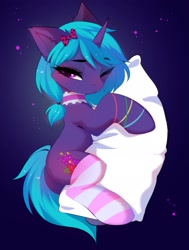 Size: 1545x2048 | Tagged: safe, artist:empress-twilight, oc, oc only, pony, abstract background, clothes, female, hooves, mare, one eye closed, pillow, socks, striped socks