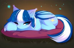 Size: 4096x2691 | Tagged: safe, artist:empress-twilight, oc, oc only, pony, abstract background, female, hooves, lying down, mare, one eye closed, pillow