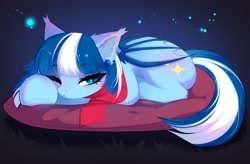 Size: 4096x2691 | Tagged: safe, alternate version, artist:empress-twilight, oc, oc only, pony, abstract background, clothes, female, hooves, lying down, mare, one eye closed, pillow, scarf