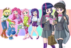 Size: 1234x834 | Tagged: safe, artist:uotapo, color edit, edit, editor:overlord 2, imported from derpibooru, angel bunny, applejack, fluttershy, octavia melody, pinkie pie, rainbow dash, rarity, sci-twi, twilight sparkle, alicorn, human, pony, rabbit, equestria girls, animal, colored, comic book, female, human coloration, humane five, humane six, light skin, skin color edit, twilight sparkle (alicorn)