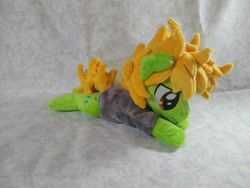 Size: 4096x3072 | Tagged: safe, artist:bluedragonflyplush, imported from derpibooru, earth pony, pony, all time low, clothes, commission, frown, irl, lidded eyes, lying down, male, photo, plushie, ponified, prone, shirt, solo, stallion, t-shirt, zack merrick