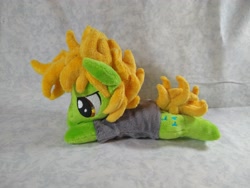 Size: 4096x3072 | Tagged: safe, artist:bluedragonflyplush, imported from derpibooru, earth pony, pony, all time low, clothes, commission, frown, irl, lidded eyes, lying down, male, photo, plushie, ponified, prone, shirt, solo, stallion, t-shirt, zack merrick