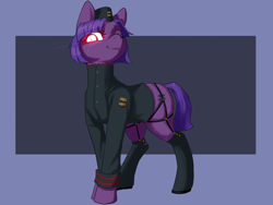 Size: 4000x3000 | Tagged: safe, artist:doofrabbit, imported from derpibooru, oc, oc only, earth pony, pony, equestria at war mod, boots, clothes, dark background, equal cutie mark, evil, female, glowing, glowing eyes, military, military uniform, shoes, simple background, solo, solo female, uniform