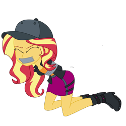 Size: 2500x2500 | Tagged: safe, artist:nie-martw-sie-o-mnie, imported from derpibooru, sunset shimmer, human, display of affection, equestria girls, equestria girls series, baseball cap, bondage, boots, cap, clothes, eyes closed, female, femsub, gag, hat, kneeling, my little pony equestria girls: better together, shoes, simple background, solo, submissive, subset, tape, tape bondage, tape gag, transparent background