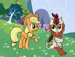 Size: 1024x779 | Tagged: safe, artist:baumbs, imported from derpibooru, applejack, autumn blaze, earth pony, kirin, pony, commission, duo, duo female, female, grin, inviting, living clothes, living suit, looking at each other, looking at someone, looking sideways, mare, meadow, ponysuit, raised hoof, smiling, smiling at each other, suiting, zipper