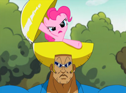 Size: 1382x1016 | Tagged: safe, edit, edited screencap, editor:umsx, imported from derpibooru, screencap, pinkie pie, earth pony, human, pony, over a barrel, bobobo, bobobo-bo bo-bobo, shitposting