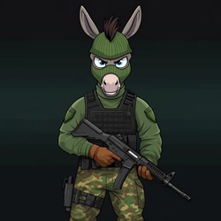 Size: 1024x1024 | Tagged: safe, imported from derpibooru, cranky doodle donkey, anthro, donkey, ai content, ai generated, beachhead, clothes, cosplay, costume, fatigues, g.i. joe, generator:google imagen 3.0, gloves, gradient background, gun, male, military uniform, prompter:zerowinger, ski mask, solo, submachinegun, uniform, weapon