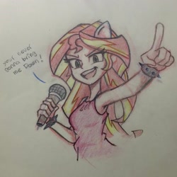 Size: 2066x2066 | Tagged: safe, artist:sunshimm supremacy, imported from derpibooru, sunset shimmer, human, equestria girls, microphone, my little pony equestria girls: rainbow rocks, pencil drawing, rainbow rocks 10th anniversary, singing, sketch, thin, traditional art