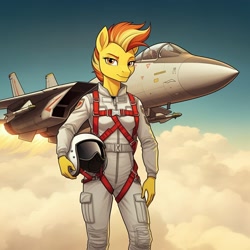 Size: 1024x1024 | Tagged: safe, imported from derpibooru, spitfire, anthro, ace (gi joe), ai content, ai generated, clothes, cloud, cosplay, costume, female, fighter pilot, flight suit, g.i. joe, generator:google imagen 3.0, helmet, jet, jet fighter, prompter:zerowinger, sky, smiling, solo, wingless, wingless anthro