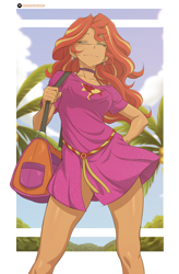 Size: 1674x2550 | Tagged: safe, artist:rambon7, imported from twibooru, sunset shimmer, human, equestria girls, beach, choker, clothes, cloud, cutie mark, cutie mark on clothes, dress, ear piercing, earring, hand on hip, humanized, image, jewelry, palm tree, piercing, png, shoulder bag, sky, tree