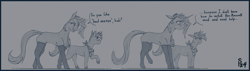 Size: 4600x1300 | Tagged: safe, artist:stray prey, imported from derpibooru, oc, oc only, oc:acidia, oc:lucent, pony, unicorn, 2 panel comic, comic, concave belly, duo, duo male and female, female, height difference, horn, male, side view, slender, thin, unicorn oc