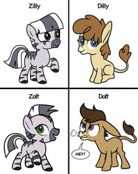 Size: 1620x2046 | Tagged: safe, imported from derpibooru, oc, oc only, donkey, zebra, angry, chart, colt, cute, female, filly, floppy ears, foal, full body, insult, insulted, male, nose wrinkle, nostril flare, pun, raised hoof, sitting, smiling, speech bubble, standing, stripes, text