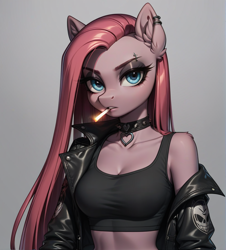 Size: 1000x1104 | Tagged: safe, imported from derpibooru, pinkie pie, anthro, earth pony, ai content, ai generated, breasts, choker, cigarette, clothes, female, generator:pony diffusion v6 xl, generator:stable diffusion, jacket, piercing, pinkamena diane pie, prompter:capsamoon, smoking