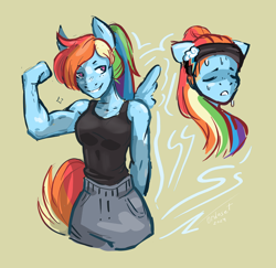 Size: 3136x3054 | Tagged: safe, artist:ordoset, imported from derpibooru, rainbow dash, anthro, pegasus, bicep, clothes, female, flexing, grin, muscles, pants, rainbuff dash, simple background, smiling, solo, sweat, sweatband, sweating profusely, sweatpants, tanktop