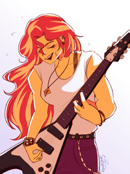 Size: 900x1200 | Tagged: safe, artist:sadscruffy, imported from derpibooru, sunset shimmer, human, equestria girls, electric guitar, eyes closed, female, gradient background, guitar, jewelry, musical instrument, necklace, open mouth, open smile, smiling, solo