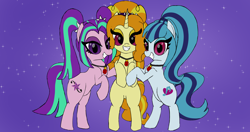 Size: 4096x2160 | Tagged: safe, artist:suryfromheaven, imported from derpibooru, adagio dazzle, aria blaze, sonata dusk, earth pony, pony, unicorn, equestria girls, bipedal, choker, cutie mark, earth pony aria blaze, earth pony sonata dusk, equestria girls ponified, female, glare, horn, hug, looking at you, mare, my little pony equestria girls: rainbow rocks, pigtails, ponified, rainbow rocks 10th anniversary, simple background, unicorn adagio dazzle