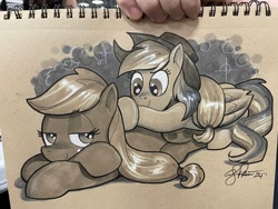 Size: 2048x1536 | Tagged: safe, artist:andy price, imported from derpibooru, applejack, rainbow dash, earth pony, pegasus, pony, applejack's hat, cowboy hat, female, hat, mare, traditional art