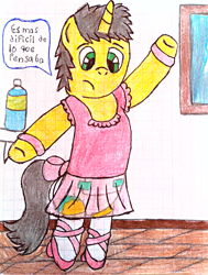 Size: 2959x3904 | Tagged: safe, artist:bitter sweetness, imported from derpibooru, oc, oc only, oc:bitter sweetness, unicorn, abdl, adult foal, ballet, ballet dress, clothes, diaper, diaper under clothes, graph paper, green eyes, horn, non-baby in diaper, pink dress, socks, solo, spanish, spanish text, traditional art, translated in the description, unicorn oc, water bottle, wooden floor