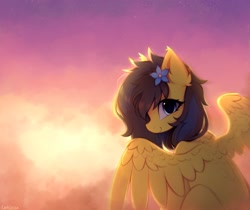 Size: 1933x1620 | Tagged: safe, alternate version, artist:lerkfruitbat, imported from derpibooru, oc, oc only, pegasus, pony, blushing, cloud, ear fluff, female, flower, flower in hair, looking at you, looking back, looking back at you, mare, oc name needed, pegasus oc, sky, smiling, smiling at you, solo, spread wings, wings