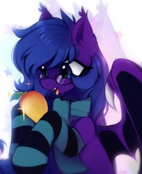 Size: 1299x1590 | Tagged: safe, artist:lerkfruitbat, imported from derpibooru, oc, oc only, bat pony, pony, bat pony oc, bat wings, clothes, commission, ear fluff, ear tufts, fangs, female, food, glasses, looking at something, mango, mare, oc name needed, open mouth, scarf, socks, solo, sparkles, spread wings, striped socks, tongue out, wings, ych result