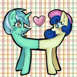 Size: 1271x1274 | Tagged: safe, artist:grim_the_end, imported from derpibooru, bon bon, lyra heartstrings, sweetie drops, earth pony, pony, unicorn, abstract background, conjoined, conjoined twins, female, horn, lesbian, lyrabon, open mouth, open smile, shipping, smiling, stitched body