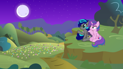 Size: 7680x4320 | Tagged: safe, editor:awesomegamergame, imported from derpibooru, oc, oc only, oc:midnight storm, oc:rosey beam, alicorn, bat pony, pony, 16:9, 8k, absurd resolution, alicorn oc, background, bat ears, bat pony oc, bat wings, blue eyes, blue mane, blue tail, colored wings, couple, cute, detailed background, ear tufts, eyelashes, fangs, female, female oc, gray coat, happy, horn, large wings, male, male oc, mare, mare oc, moon, multicolored hair, night, oc x oc, pink coat, raised hoof, romantic, shipping, show accurate, smiling, spread wings, stallion, stallion oc, stars, striped mane, striped tail, tail, two toned mane, two toned tail, two toned wings, vector, wallpaper, wings