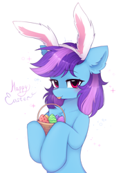 Size: 1687x2247 | Tagged: safe, artist:lerk, artist:lerkfruitbat, imported from derpibooru, oc, oc only, oc:nohra, earth pony, pony, :p, basket, bunny ears, chest fluff, cute, ear fluff, earth pony oc, easter, easter egg, egg (food), eyebrows, eyebrows visible through hair, female, food, happy easter, holiday, looking at you, mare, ocbetes, signature, simple background, solo, sparkles, text, tongue out, white background