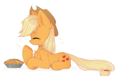 Size: 2432x1536 | Tagged: safe, artist:lerk, artist:lerkfruitbat, imported from derpibooru, applejack, earth pony, pony, apple, apple pie, applejack's hat, chest fluff, cowboy hat, cute, ear fluff, eyes closed, female, food, freckles, hat, jackabetes, lying down, mare, pie, prone, signature, simple background, smiling, solo, sparkles, white background