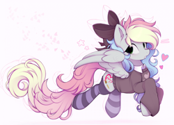 Size: 2260x1630 | Tagged: safe, artist:lerkfruitbat, imported from derpibooru, oc, oc only, oc:blazey sketch, pegasus, pony, bow, clothes, ear fluff, female, hair bow, heart, mare, partially open wings, pegasus oc, socks, solo, striped socks, sweater, thigh highs, wings