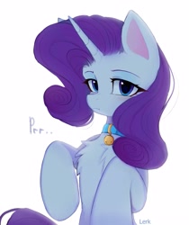 Size: 2155x2560 | Tagged: safe, artist:lerkfruitbat, imported from derpibooru, rarity, pony, unicorn, :t, behaving like a cat, bell, bell collar, chest fluff, collar, cute, eyebrows, female, horn, looking at you, mare, pony pet, purring, raribetes, raricat, signature, simple background, solo, white background