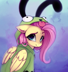 Size: 1364x1436 | Tagged: safe, artist:lerk, artist:lerkfruitbat, imported from derpibooru, fluttershy, pegasus, pony, antonymph, female, fluttgirshy, folded wings, gir, invader zim, looking at you, looking back, looking back at you, mare, smiling, smiling at you, solo, wings