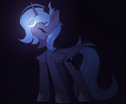 Size: 1642x1356 | Tagged: safe, artist:lerk, artist:lerkfruitbat, imported from derpibooru, princess luna, alicorn, pony, ^^, balancing, chest fluff, crescent moon, crown, cute, eyebrows, eyebrows visible through hair, eyes closed, female, folded wings, hoof shoes, horn, jewelry, leg fluff, long legs, lunabetes, mare, moon, peytral, ponies balancing stuff on their nose, princess shoes, regalia, smiling, solo, tangible heavenly object, wings