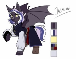 Size: 1124x872 | Tagged: safe, artist:cosmalumi, imported from derpibooru, oc, oc only, oc:jasmine, bat pony, boots, clothes, cute, ear tufts, female, frown, jacket, mare, multicolored hair, pirate, reference sheet, sash, scar, shirt, shoes, solo, sword, wat, weapon