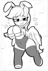 Size: 878x1287 | Tagged: safe, artist:pabbley, imported from derpibooru, rainbow dash, pegasus, pony, bedroom eyes, bipedal, black and white, bowtie, bunny suit, clothes, cute, dashabetes, emanata, female, floating heart, grayscale, grin, heart, hooves together, looking at you, mare, monochrome, necktie, plewds, simple background, smiling, smiling at you, socks, solo, standing, standing on one leg, stockings, thigh highs, white background, wide hips