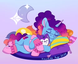 Size: 2048x1692 | Tagged: safe, artist:kaciekk, imported from derpibooru, pony, unicorn, spoiler:g5, spoiler:my little pony: tell your tale, spoiler:tyts02e18, abstract background, alternate hairstyle, bunnycorn, cheek squish, clothes, cuddling, female, g5, horn, lying down, mare, misty brightdawn, misty's comfort bunnycorn, moon, my little pony: tell your tale, pillow, plushie, rebirth misty, sleeping, sleepover!!, socks, solo, squishy cheeks