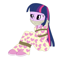 Size: 2500x2500 | Tagged: safe, artist:nie-martw-sie-o-mnie, imported from derpibooru, twilight sparkle, human, equestria girls, bondage, bound and gagged, cloth gag, clothes, female, femsub, gag, heart, pajamas, rope, rope bondage, simple background, sitting, slippers, solo, submissive, transparent background, twisub