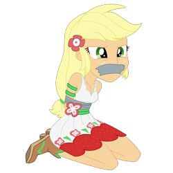 Size: 2000x2000 | Tagged: safe, artist:nie-martw-sie-o-mnie, imported from derpibooru, applejack, human, equestria girls, applesub, bondage, boots, clothes, cowboy boots, dress, equestria girls specials, female, femsub, freckles, gag, kneeling, my little pony equestria girls: spring breakdown, shoes, simple background, solo, submissive, tape, tape bondage, tape gag, transparent background