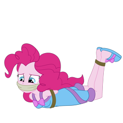 Size: 2000x2000 | Tagged: safe, artist:nie-martw-sie-o-mnie, imported from derpibooru, pinkie pie, human, equestria girls, bondage, bound and gagged, cloth gag, clothes, female, femsub, gag, lying down, pajamas, pinkiesub, rope, rope bondage, simple background, slippers, solo, submissive, transparent background