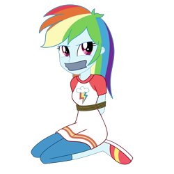 Size: 2000x2000 | Tagged: safe, artist:nie-martw-sie-o-mnie, imported from derpibooru, rainbow dash, human, equestria girls, bondage, clothes, dashsub, female, femsub, gag, kneeling, pajamas, rope, rope bondage, simple background, slippers, solo, submissive, tape, tape gag, transparent background